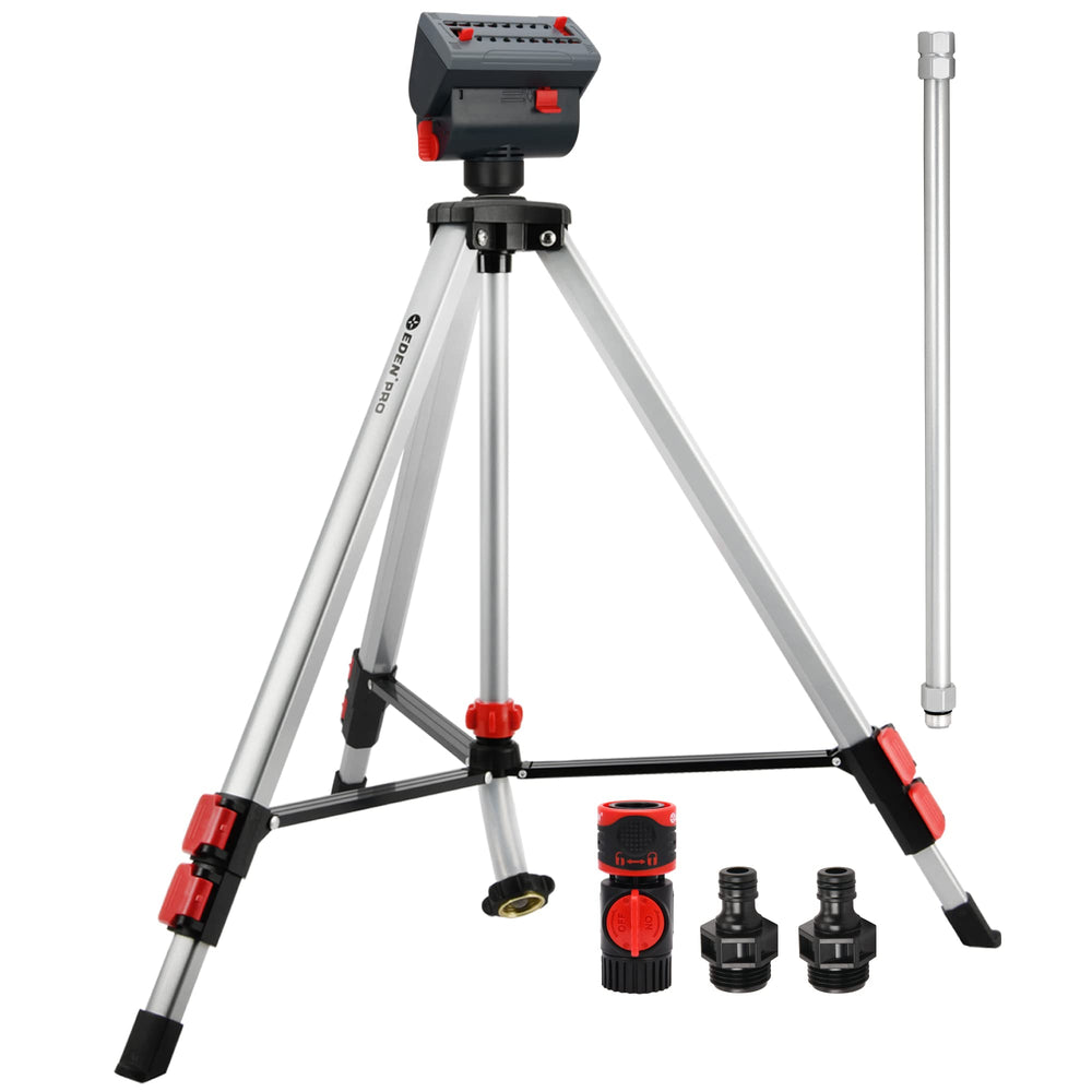 Eden front view tripod sprinkler showing stable metal legs and quick-release clamps