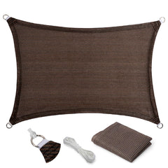 Eden's Decor front view of brown shade sail showing neat corners and benefit of durable coverage