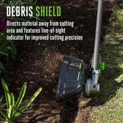 EGO Power+ debris shield and line-of-sight indicator keeping cuts visible and clean