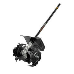 EGO Power+ cultivator attachment front view showing tines and debris guard benefit