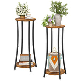 Ekisemio front view showing two rustic brown plant stands and neat display benefit