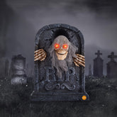 ELAMAS tombstone front view showing full animated skeleton and design benefit: instant focal point