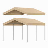 Elecoman front view of 10x20 ft beige canopy showing full coverage and protection