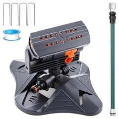 ElectricWise front view of oscillating sprinkler showing stable base and riser, improves watering coverage