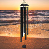 Elecxlink front view of black 65" wind chime showing elegant outdoor presence and sound