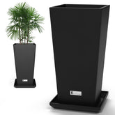 Elevens front view of two 28-inch black tapered planters showing modern silhouette and curb appeal