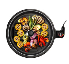 Elite Gourmet front view of grill on counter showing compact design and control knob