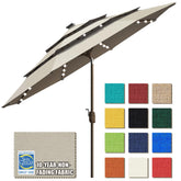 EliteShade umbrella front open in antique beige showing full shade coverage and durability