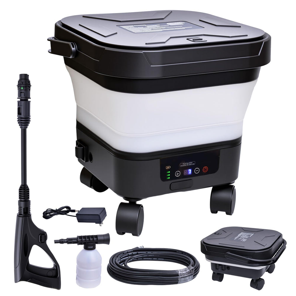 Elmfruit front view showing compact portable washer for easy storage and transport