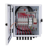 ELNUIMEX front view of metal combiner box showing lock and indicator window, secure protection