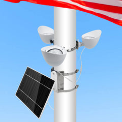 Elsollit front view of three-head flag pole light showing full coverage and brightness