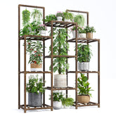 EnHomee plant stand front view showing layered shelves and many plants for organized display