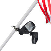 enrybia front view of solar flagpole light showing compact housing and LEDs for clear illumination