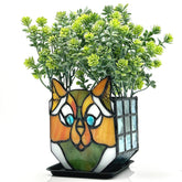 Entlityful front view of cat planter showing colorful stained glass and shape benefit display