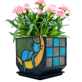 Entlityful front view of moon sleeping cat planter showing colorful stained-glass and charm