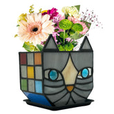 Entlityful gray cat planter front view showing stained glass and feline shape, adds whimsical decor