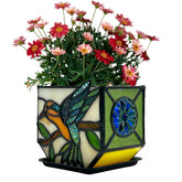 Entlityful stained glass planter front view showing hummingbird motif and decorative glow