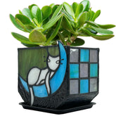 Entlityful front view of Tiffany moon cat planter showing colorful glass and shape, decorative accent