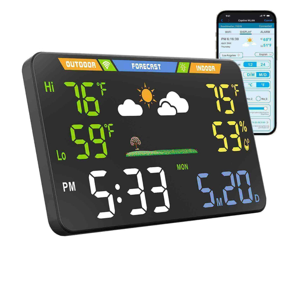 EnvyBox front LED display showing time and forecast, clear at-a-glance weather