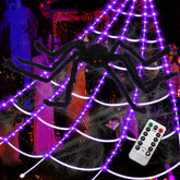 Eossth front view of illuminated web and spider showing dramatic curb appeal
