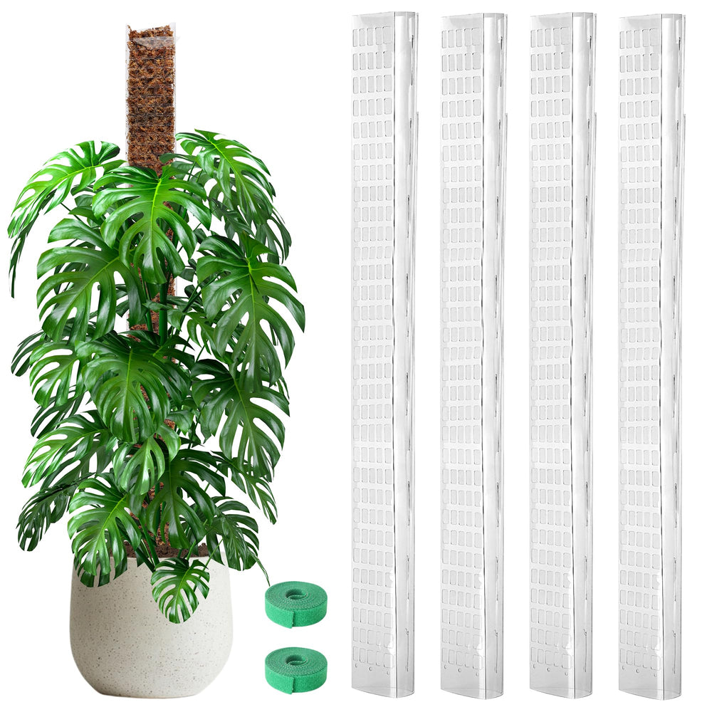 EOX front view of four folded moss pole panels and garden ties showing included kit and convenience
