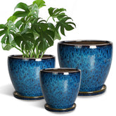 EPFamily planter set front view showing blue glaze and sizes, adds decorative color