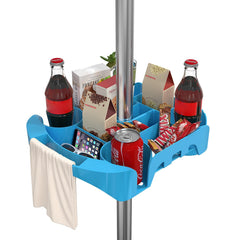 Epltion tray front view clamped to umbrella pole showing organized storage benefit