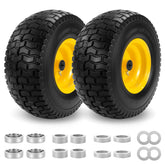 eshcol front wheel full view showing flat-free tire and steel rim for reliable mowing