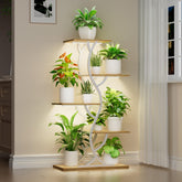 EVAWOO front view of white 5-tier corner plant stand showing organized plants and brightness