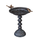 Evergreen Garden front view showing ornate cast iron bird bath and stand, durable focal point