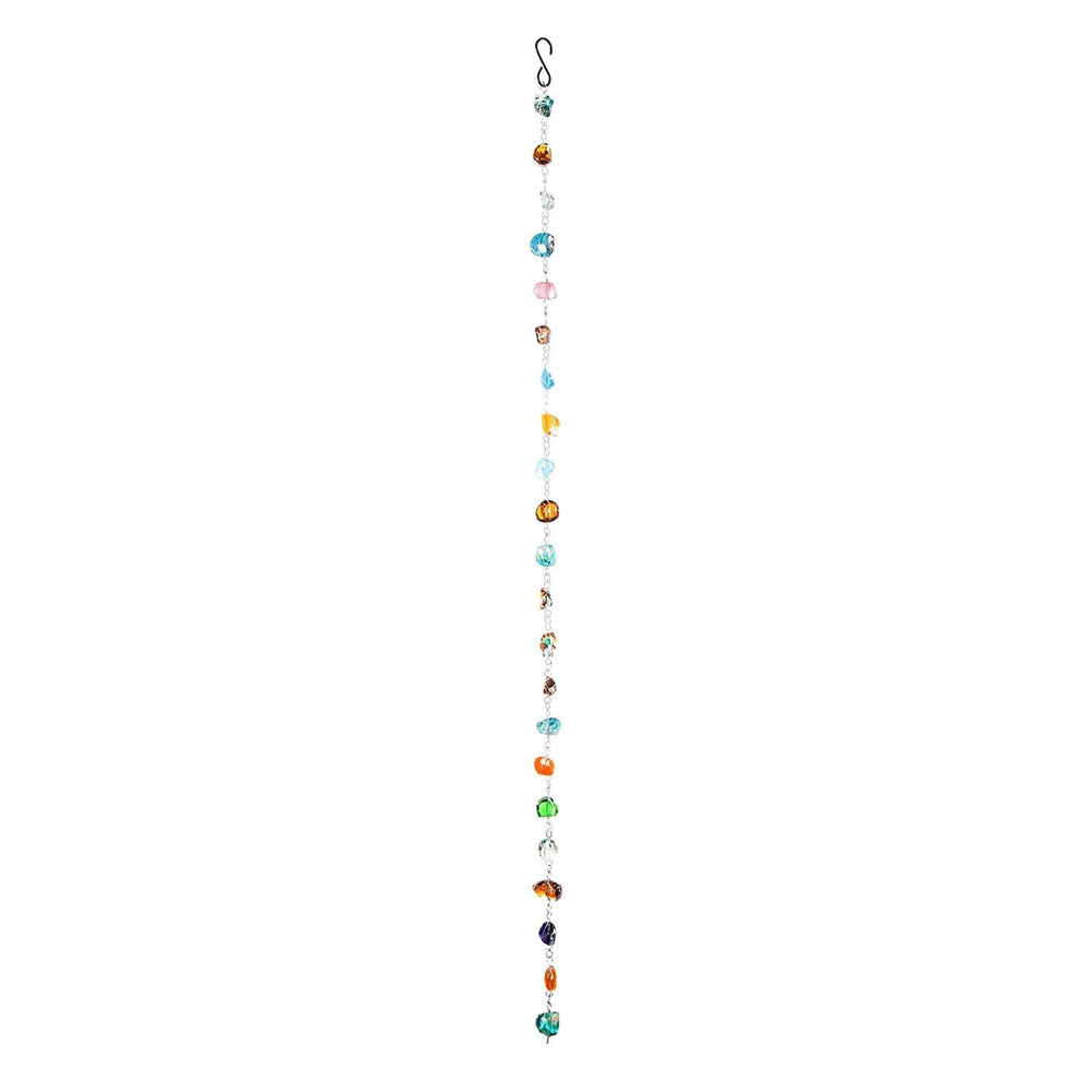 Evergreen Garden front view of colorful rain chain providing decorative water diversion