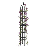 Evergreen Garden trellis front view shows sturdy black obelisk and decorative appeal