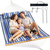 Everyfun front view of aqua double hammock showing full bed and spreader bars for comfort