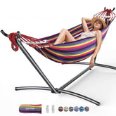 Everyfun double hammock front view showing full rainbow bed and sturdy frame for comfortable lounging