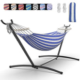 EveryFun double hammock front view showing blue and white cotton bed and steel stand for comfortable lounging