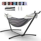 Everyfun front view of hammock and steel stand showing full setup and comfort