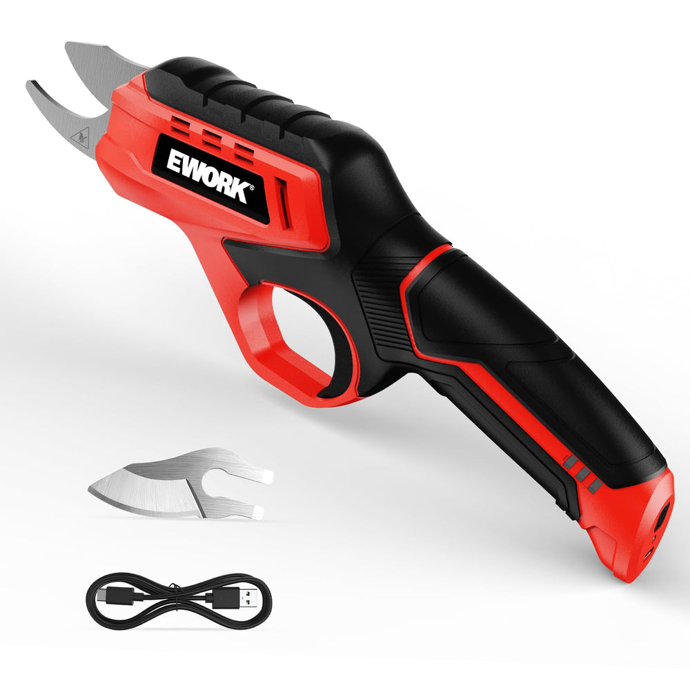 EWORK pruner front view showing compact cordless design and portability benefit