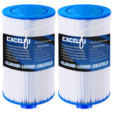 EXCELFU front view of two replacement spa filters showing packaging and fitment