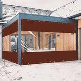 Ezcasch front view of clear vinyl curtain with brown trim showing weather protection