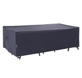 F&J Outdoors front view of grey table cover protecting tabletop and chairs
