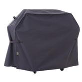 F&J Outdoors front view of grey grill cover protecting a 3-burner grill