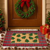 Fallovea coir welcome mat front view showing green tree graphic and secure backing, durable scraping