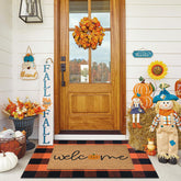 Fallovea front packaging welcome mat showing warm fall greeting and durable design