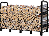 Fandature front view of 8ft log rack showing tidy wood storage and space savings