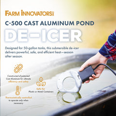 Farm Innovators C-500 side profile highlighting low-profile cast-aluminum body and durability