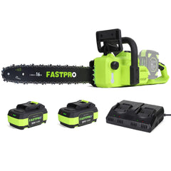FASTPRO front view of 40V 16-inch chainsaw showing ergonomic handle and full tool benefit