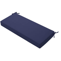 Favoyard bench cushion front view showing tidy blue cover and fit benefit