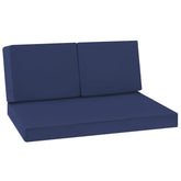 Favoyard front view showing blue loveseat cushions and weather-ready look
