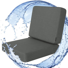 Favoyard front view of dark grey cushion set showing weatherproof finish and style