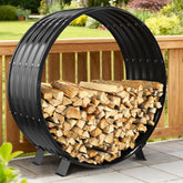 FCCRETA front view showing roofed log rack keeping wood dry